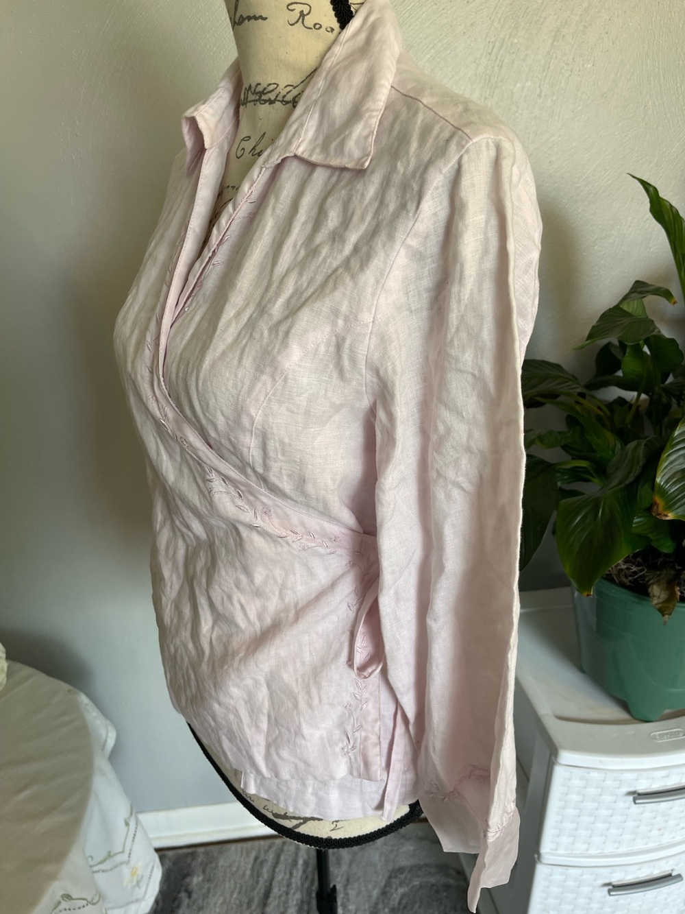 Silkland Pink Linen Wrap Blouse Embroidered Tie Waist Top Women’s L - Picture 4 of 7